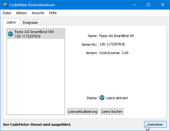 Aufruf des WebAdmin aus dem CodeMeter Kontrollzentum