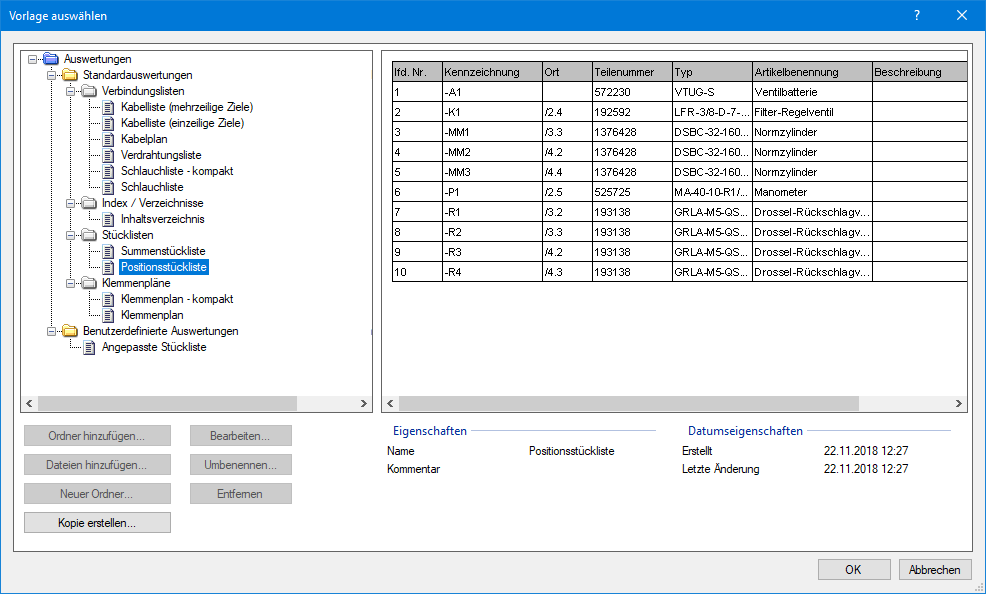 Auswahldialog für Auswertungen