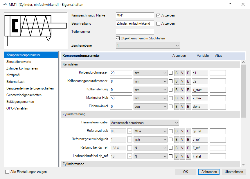 Standardparameter eines einfachen federrückgestellten Zylinders