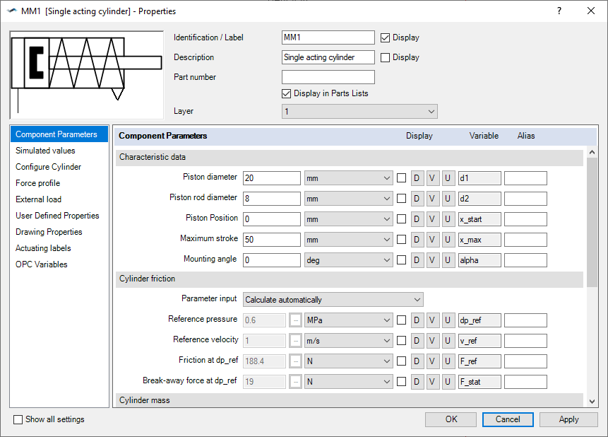 Default parameter for a simple single acting cylinder